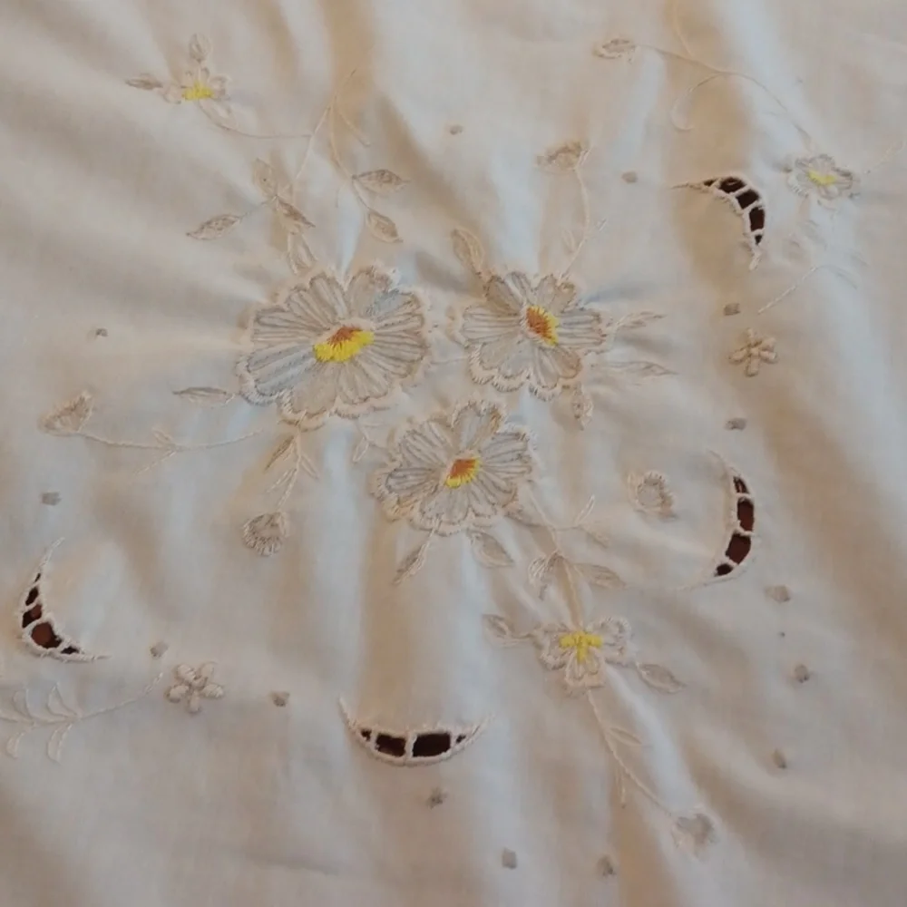 vintage cream embroidered tablecloth rectangular floral cutwork  cottagecore